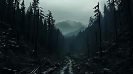 Gloomy Forest Path Leading to Mysterious Mountains under Overcast Sky in Ominous Landscape - obrazy, fototapety, plakaty