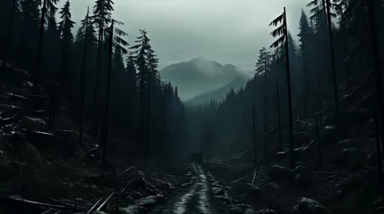 Papier Peint photo Lavable Noir Gloomy Forest Path Leading to Mysterious Mountains under Overcast Sky in Ominous Landscape