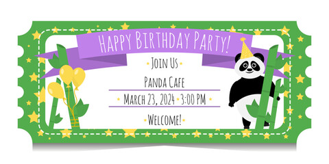 Happy birthday kids party tickets with cartoon panda, bamboo, balloons. Invitations to children's birthday party for boy or girl. Green ticket templates isolated on white background.	