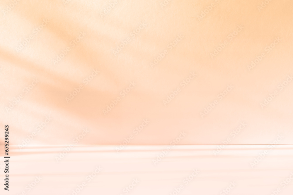Poster Abstract pink color gradient studio background for product presentation. Empty room with shadows of window and flowers and palm leaves . 3d room with copy space. Summer concert. Blurred backdrop.