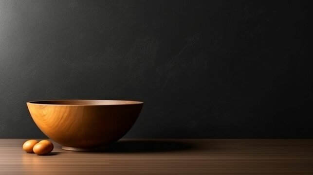 An AI illustration of a wooden bowl on a dark surface with yellow apples around
