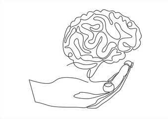 Continuous one line drawing of hand holding brain, personal development, growth mindset concept, single line art