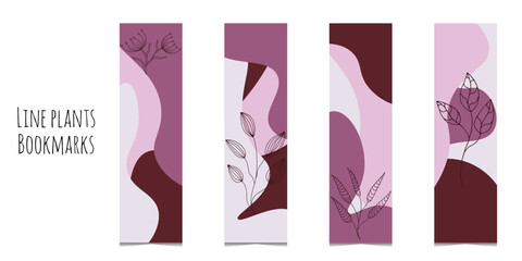 Set of 4 bookmarks with pink colors waves and decorative plants elements. Elegant colors. Line botanical illustration. Rectangular bookmark templates for reading. Isolated on white background.	