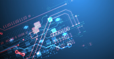 Abstract circuit board on gradient color background. Hand drawn digital technology concept. Vector