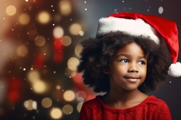 A african american boy in a Santa hat against the background of a Christmas tree and Christmas lights