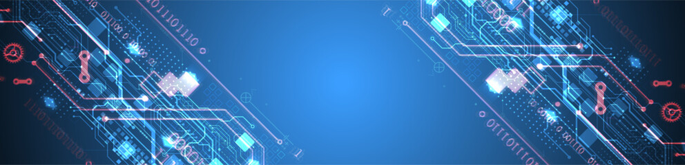 Abstract circuit board on gradient color background. Hand drawn digital technology concept. Vector