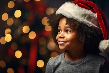 A african american boy in a Santa hat against the background of a Christmas tree and Christmas lights