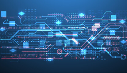 Abstract circuit board on gradient color background. Hand drawn digital technology concept. Vector