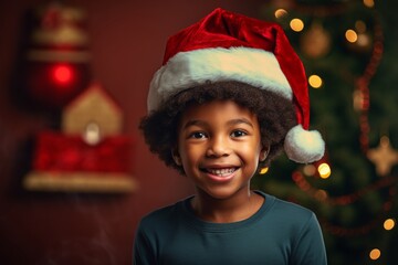 A african american boy in a Santa hat against the background of a Christmas tree and Christmas lights with gifts