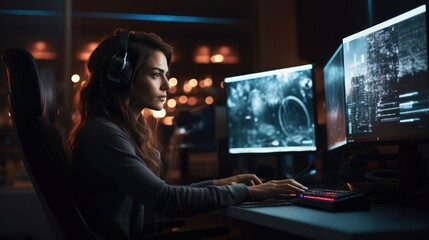 Female security guard in headphones working on the computer at night, Cybersecurity, Working late.