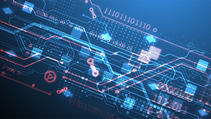 Abstract circuit board on gradient color background. Hand drawn digital technology concept. Vector