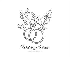 Hand drawn one line vector.Wedding saloon. Wedding rings and flying pigeons vector one continuous  line art. Illustration with quote template. Can used for logo, banner, booklet, flyer, brochure