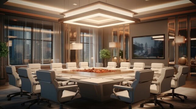 Luxury boardroom, Architectural lighting with chandelier on the ceiling hanging over the boardroom table.