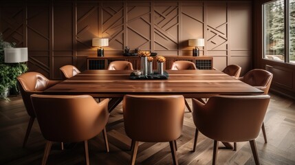 Brown leather chairs with wood table in dining room.
