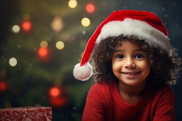 A indian girl in a Santa hat against the background of a Christmas tree and Christmas lights with gifts