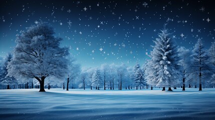 Enchanted Winter Night Scene with Snowflakes Falling Gently Over Serene Snowy Landscape and Trees