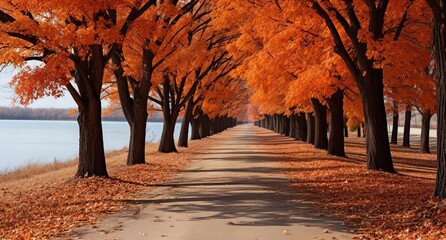 Autumn Splendor Envelops a Serene Pathway Lined with Fiery Orange Foliage by a Calm Lake