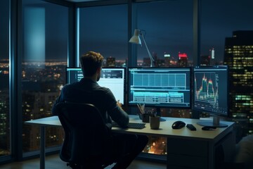 business man looking at the charts of the stock market of cryptocurrencies on the PC screen. city ​​lights in the background