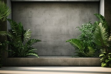 Blank concrete wall in modern empty room with tropical plant garden. Luxury house interior with green palm trees. Minimal architecture design. generative ai.