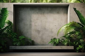 Blank concrete wall in modern empty room with tropical plant garden. Luxury house interior with green palm trees. Minimal architecture design. generative ai.