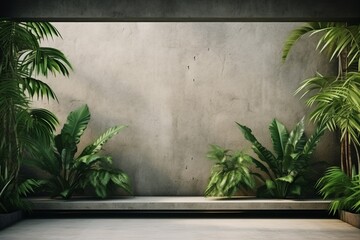 Blank concrete wall in modern empty room with tropical plant garden. Luxury house interior with green palm trees. Minimal architecture design. generative ai. - obrazy, fototapety, plakaty