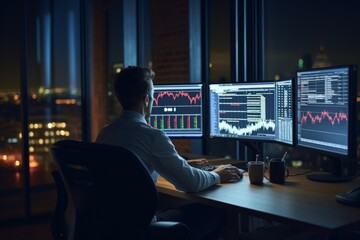 business man looking at the charts of the stock market of cryptocurrencies on the PC screen. city ​​lights in the background