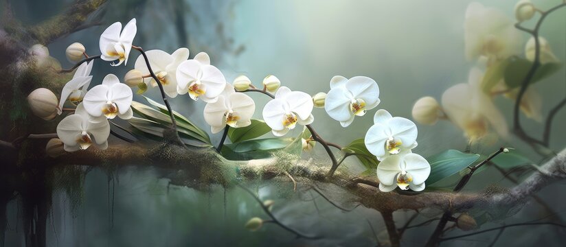 The delicate white orchid stands out beautifully against the lush nature background creating an enchanting art illustration for a stunning wallpaper