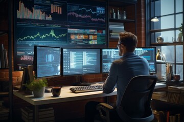Fototapeta na wymiar business man looking at the charts of the stock market of cryptocurrencies on the PC screen. city ​​lights in the background
