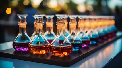 Colorful Chemical Solutions in Glass Flasks Lined up for Scientific Research and Experimentation