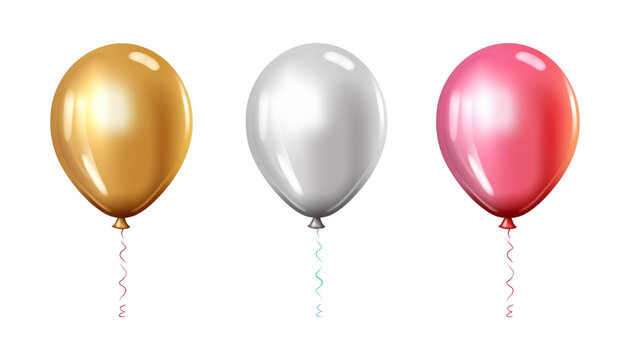 gold silver pink balloons isolated on transparent background cutout