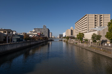 大阪、都市、風景、川、橋、秋	