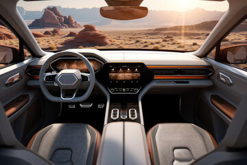 Car interior design, A futuristic car in a off road landscape.