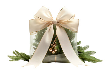 ecological packaging, gift box with a natural ribbon and bow Christmas theme isolated against a transparent white background PNG