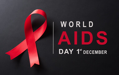 Closeup red ribbon HIV, world AIDS day awareness ribbon on black background. Healthcare and medicine concept.