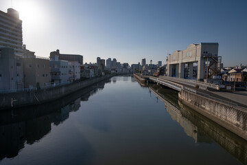 大阪、都市、風景、川、橋、秋	
