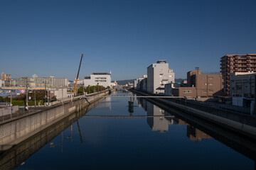 大阪、都市、風景、川、橋、秋	