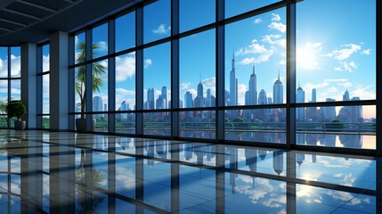 Modern Corporate Lobby with Reflective Floor Overlooking a Vibrant City Skyline and Clear Blue Sky