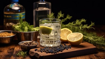 Gin with ingredients on old wooden table, Traditional Italian alcohol drink.