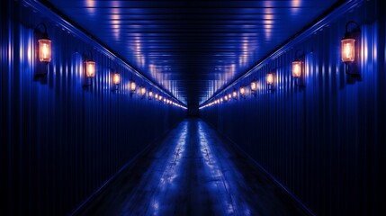 Mysterious Blue Corridor Illuminated by Vintage Lamps Extending to the Vanishing Point
