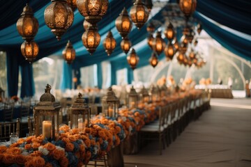 Regal orange and blue hanging lanterns with flowers and tapestry in luxurious wedding reception tent. - obrazy, fototapety, plakaty