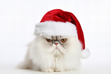 white persian cat with Santa's hat on a white background for Christmas