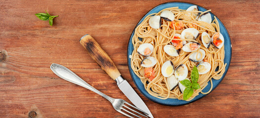 Pasta with fried clams, copy space.