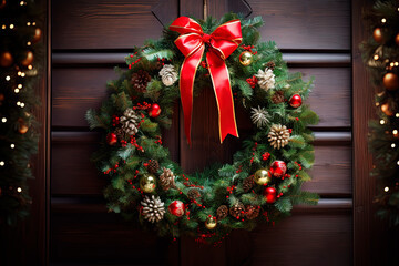Fototapeta na wymiar A close up of a Christmas wreath on a door. Generative AI