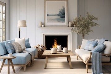 A minimalist country style living room, Warm and inviting, Blue tones.