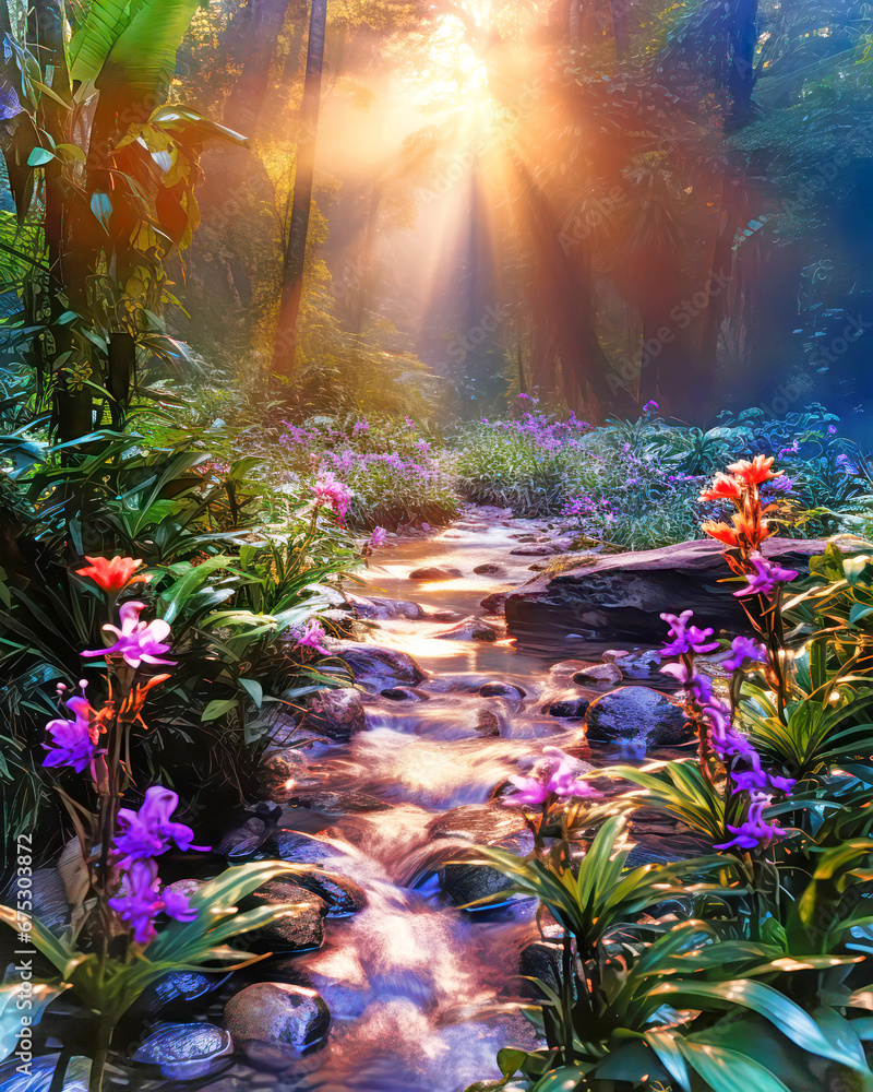 Wall mural exotic plants litter the forest floor, the setting sun illuminates a small stream in the forest. dre