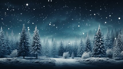 Enchanted Winter Night Scene with Snowflakes Glistening Over Serene Snow-Covered Pine Forest