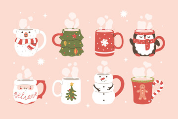 Card or poster with cute Christmas mugs. Vector graphics.