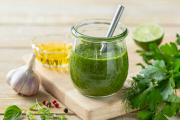 delicious green herbs chimichurri sauce