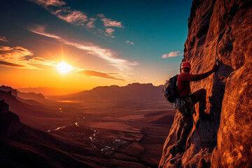 Summit Conquest. Climbers Reach the Mountain Summit at Sunrise Amidst Majestic Landscapes. Epic Adventure. Teamwork.	
