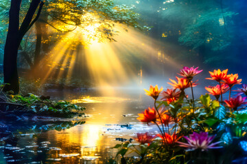 Obraz premium Exotic plants litter the forest floor, the setting sun illuminates a small stream in the forest. Dreamy forest landscape with vibrant colours